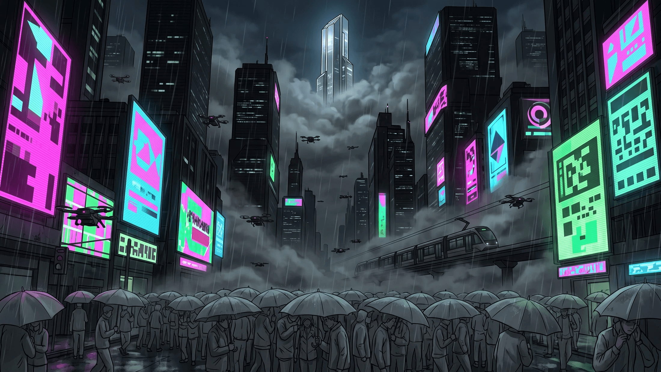 A dark, rain-soaked city of neon billboards and drones over a crowd of umbrellas.
