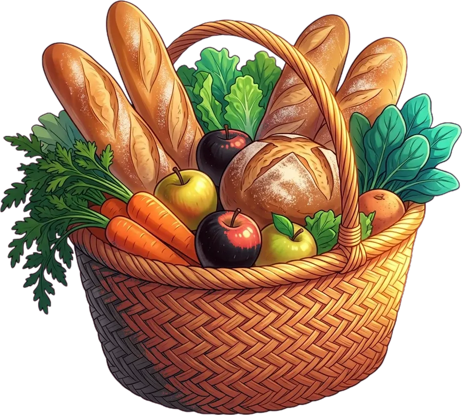 A basket of bread, fruit and vegetables.
