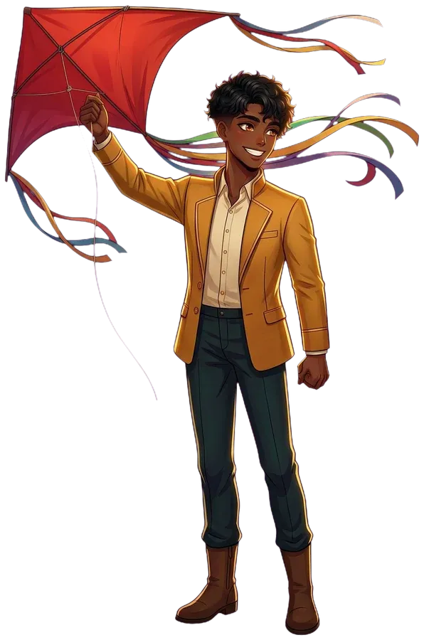 Freedom, the brother in mustard, flying a kite.