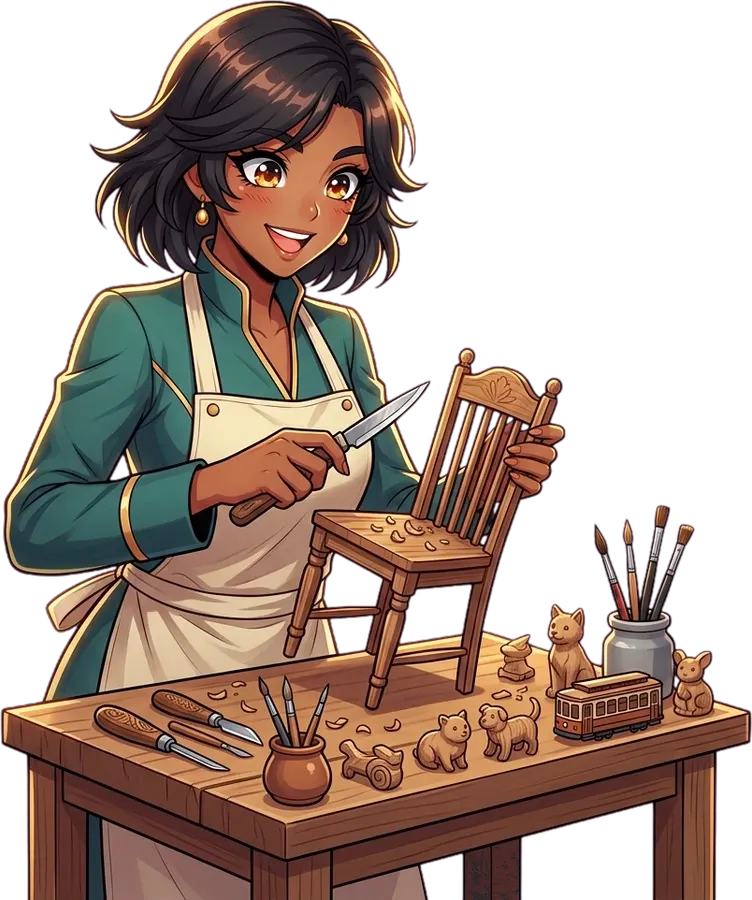 A woman in an apron carving a wooden chair at her workbench.