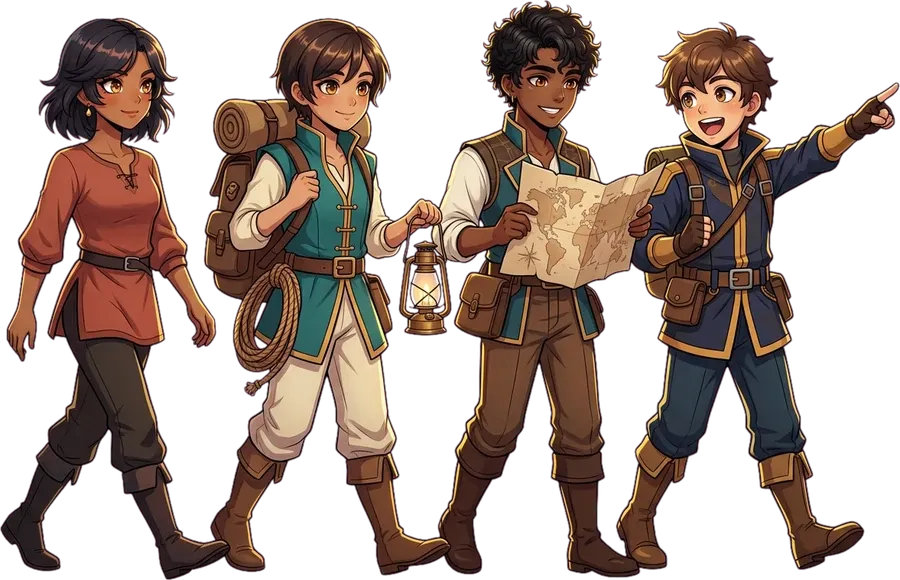 A party of four adventurers setting out together, one pointing the way.