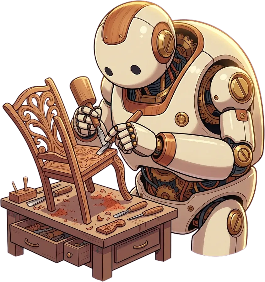 A ceramic robot carving the same chair.