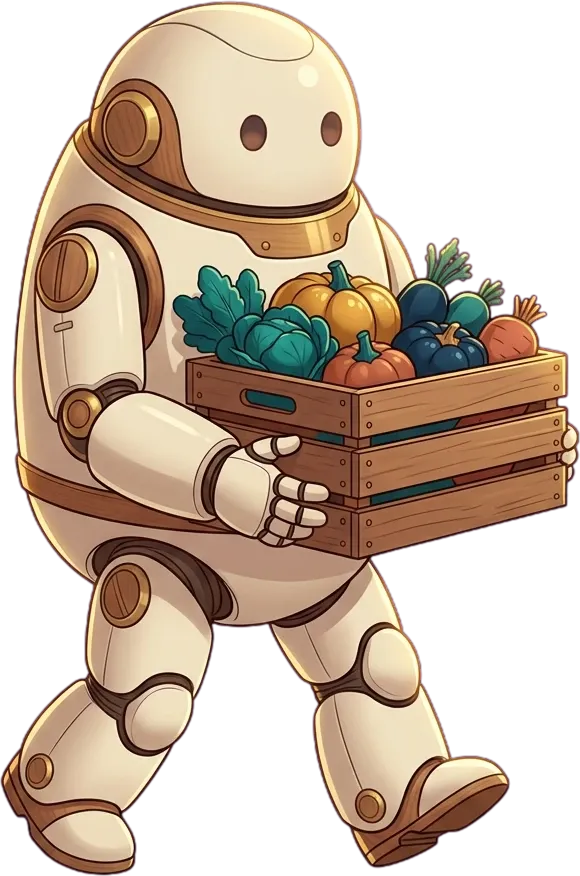 A ceramic robot carrying a crate of vegetables.