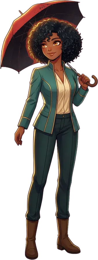 Safety, the sister in teal, holding a red umbrella.