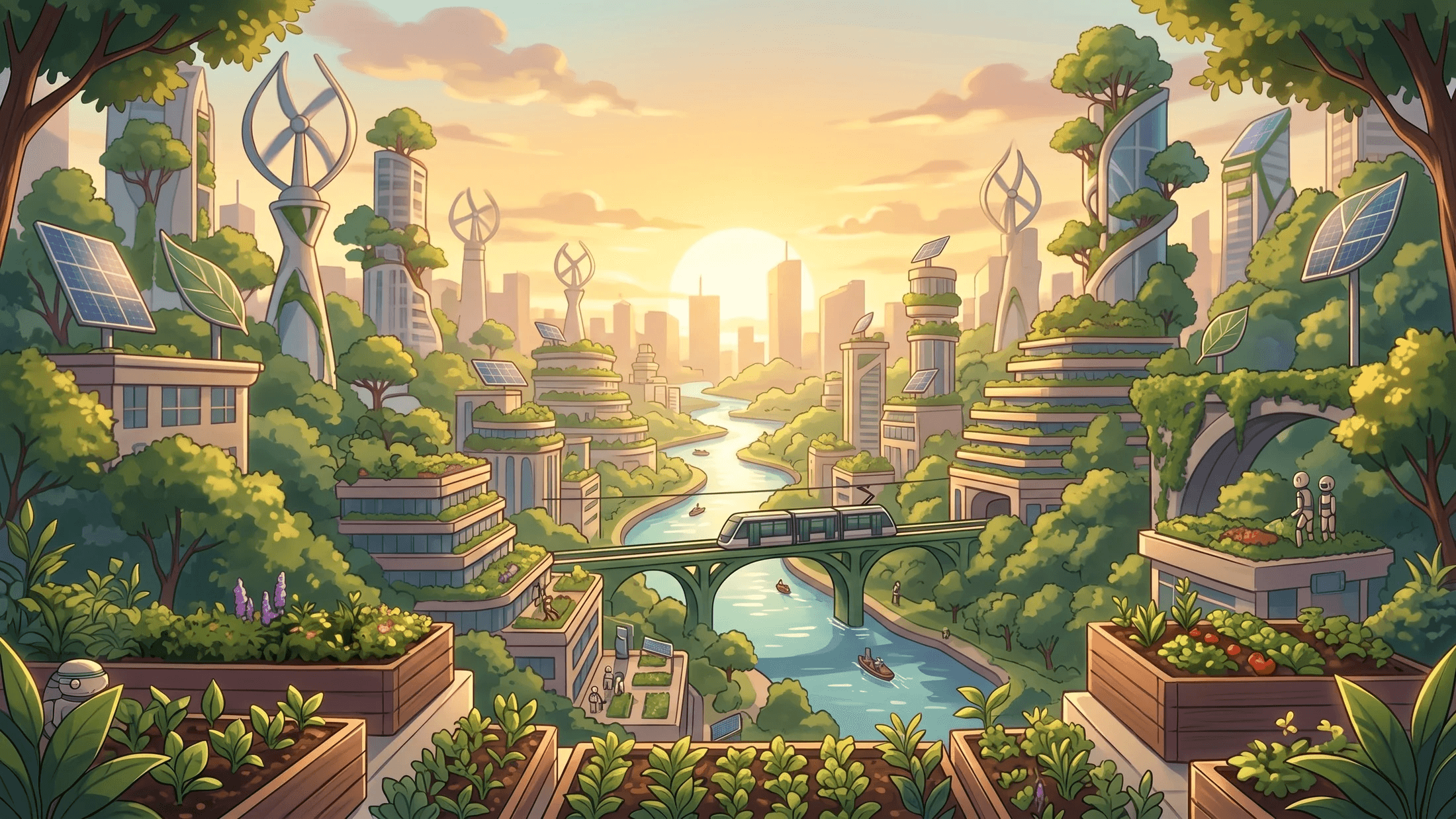 A sunlit green city of garden towers, wind sculptures and leaf-shaped solar panels, with a river and a tram.